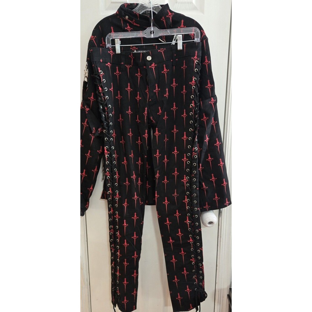 VERY RARE Y2K Fetish Lip Service Skull Dagger Bondage Jacket Pants Set Men XL